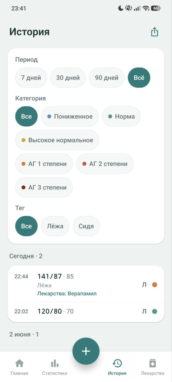Экран истории измерений с фильтрами